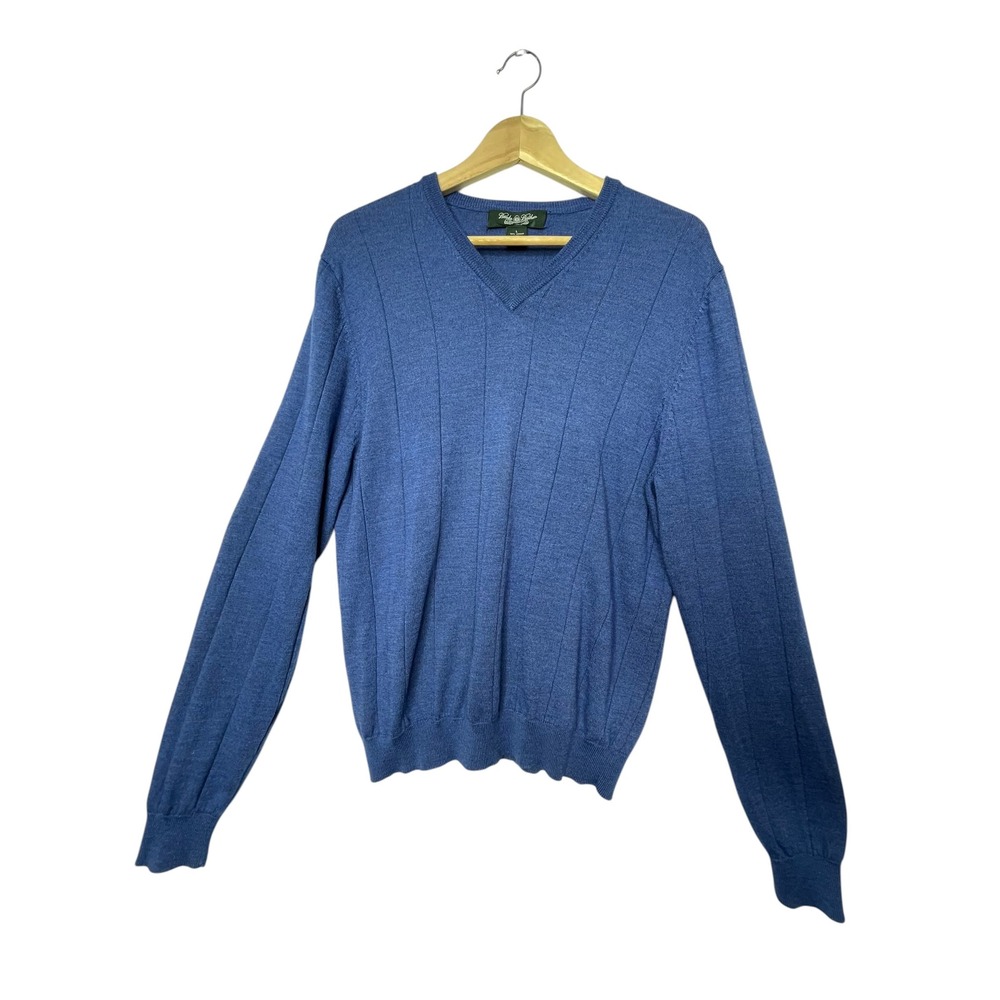 Brooks Brothers Country Club Blue Merino Wool Silk V-Neck Ribbed Sweater Mens L‎
